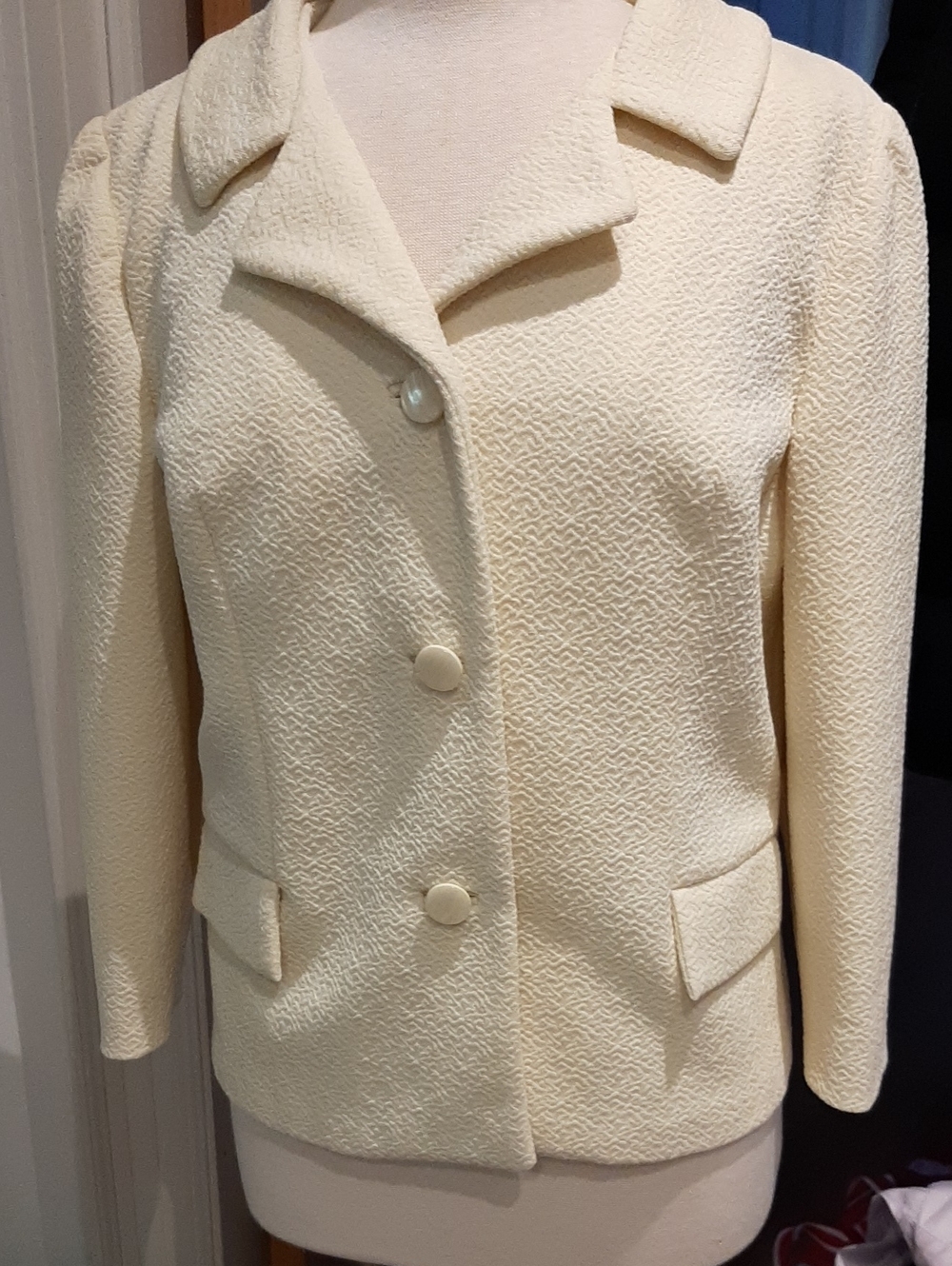 Vintage Crimpalene Cream Textured Notch-Collar Blazer Jacket Size Small 40" Bust